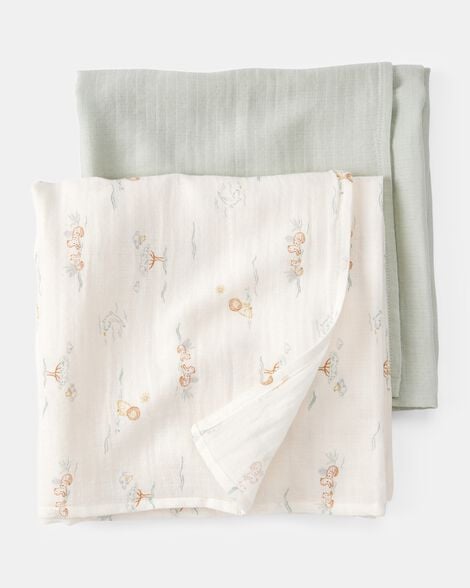 2-pack lion print muslin swaddle blankets - green