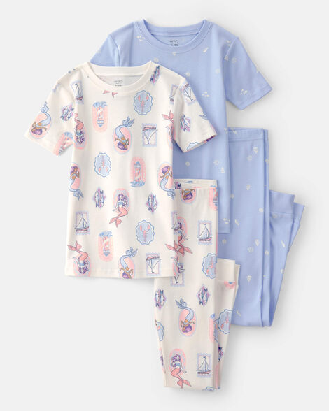 girls mermaid 100% cotton snug fit 4-piece pajama set - blue/ivory