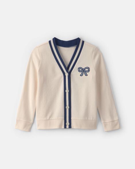 girls bow french terry cardigan sweater - cream