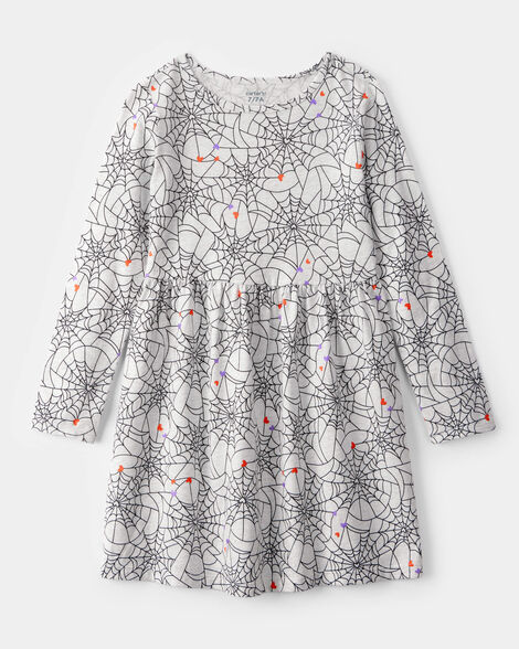 girls halloween spiderwebs long-sleeve dress - black/white