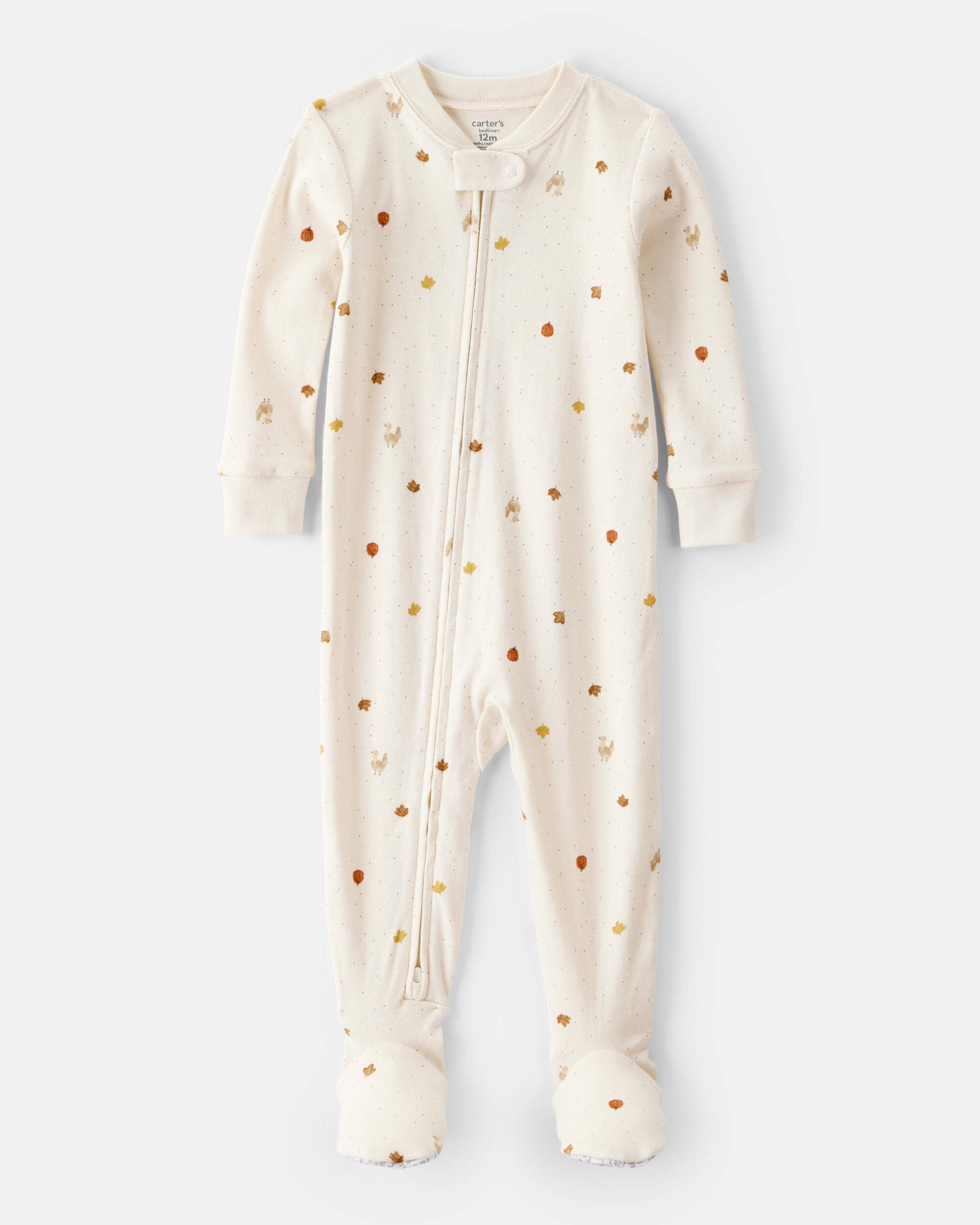 Baby Thanksgiving Print 100% Cotton Long-Sleeve 2-Way Zip Footed 1-Piece Pajamas - White