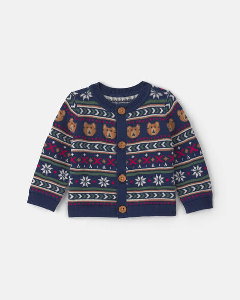 Baby Neutral Bear Fair Isle Cardigan Sweater - Navy Blue