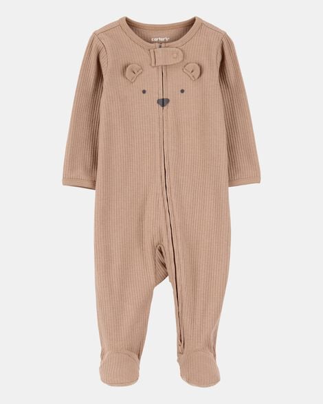 bear 2-way zip ribbed sleep & play pajamas - brown