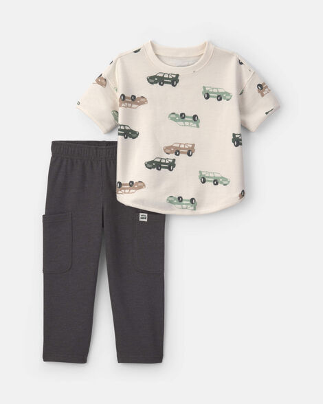 toddler boy 2-piece car french terry short-sleeve top & pant set - cream/grey