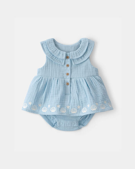 baby girl shell embroidered gauze bodysuit dress - blue