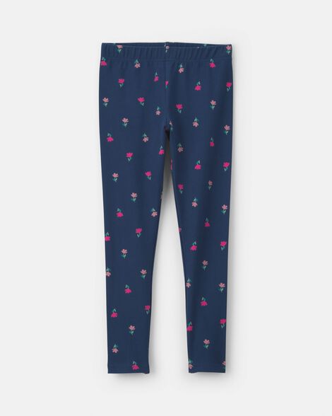 girls floral pull-on stretch leggings - navy blue