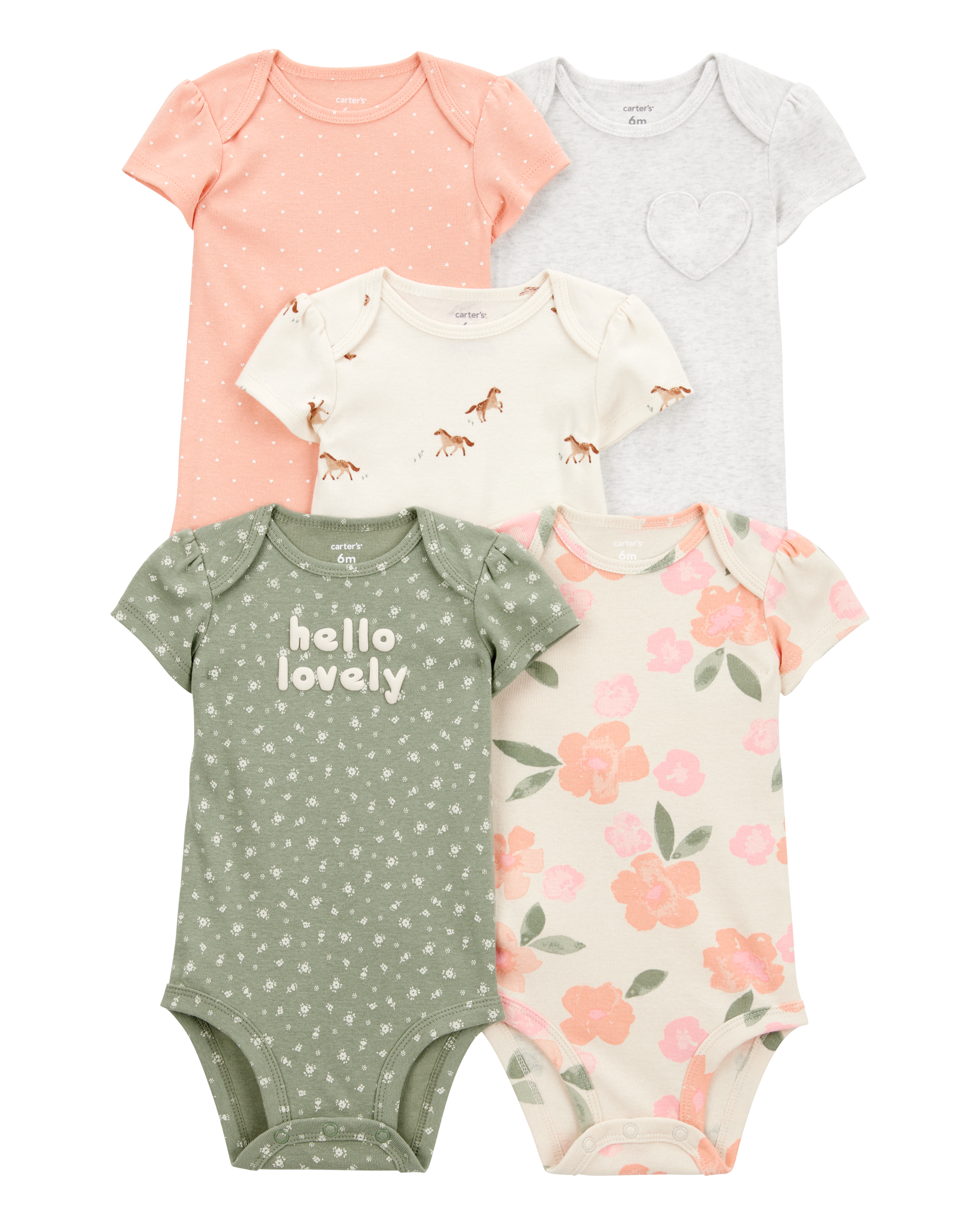 Baby Girl 5-Pack Floral Horses Short-Sleeve Cotton Bodysuits - Pink/Green