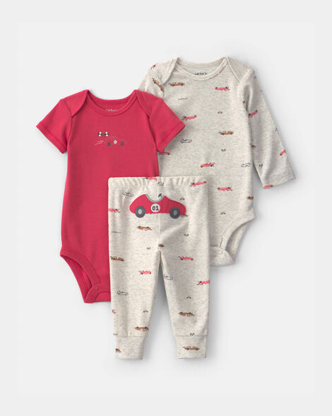 baby boy 3-piece race car bodysuit & pant set - grey/red