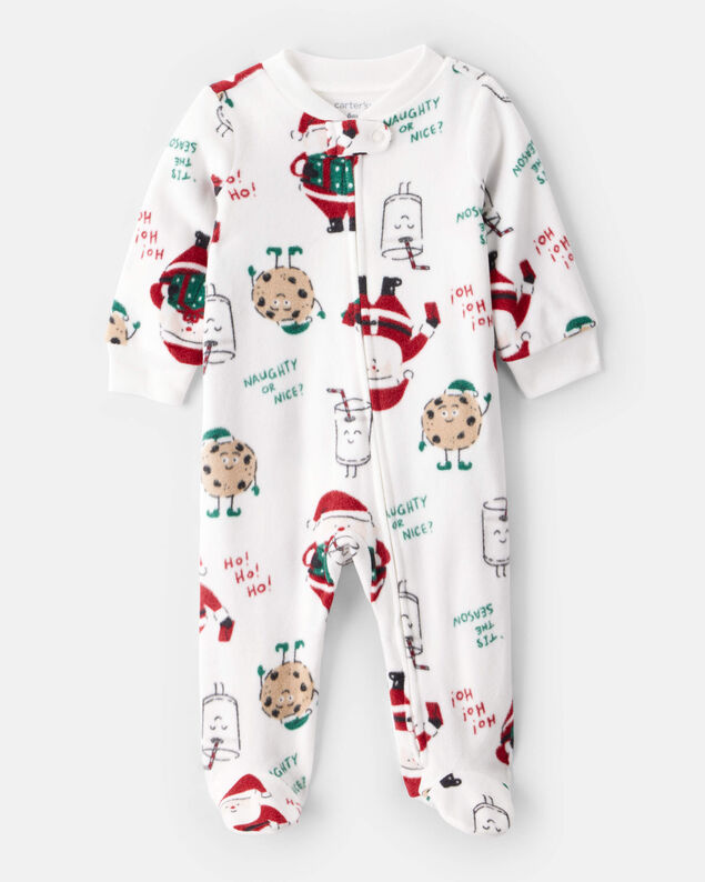 Product image 1 of Baby Santa Print Loose Fit Fleece Long-Sleeve Sleep & Play Pajamas - White