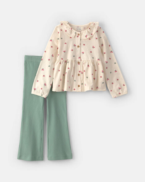 baby girl 2-piece butterfly long-sleeve top & pant set - cream/green