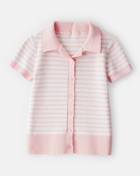 girls striped button-down short-sleeve tee - pink