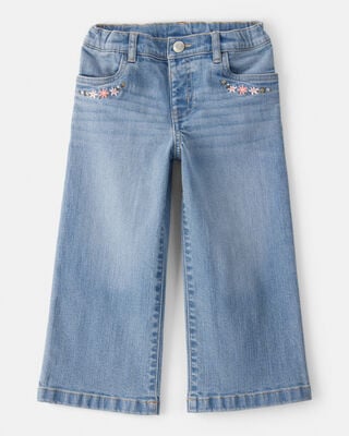 Toddler  Heart Embroidered Iconic Denim Wide Leg Jeans - Cowboy Wash