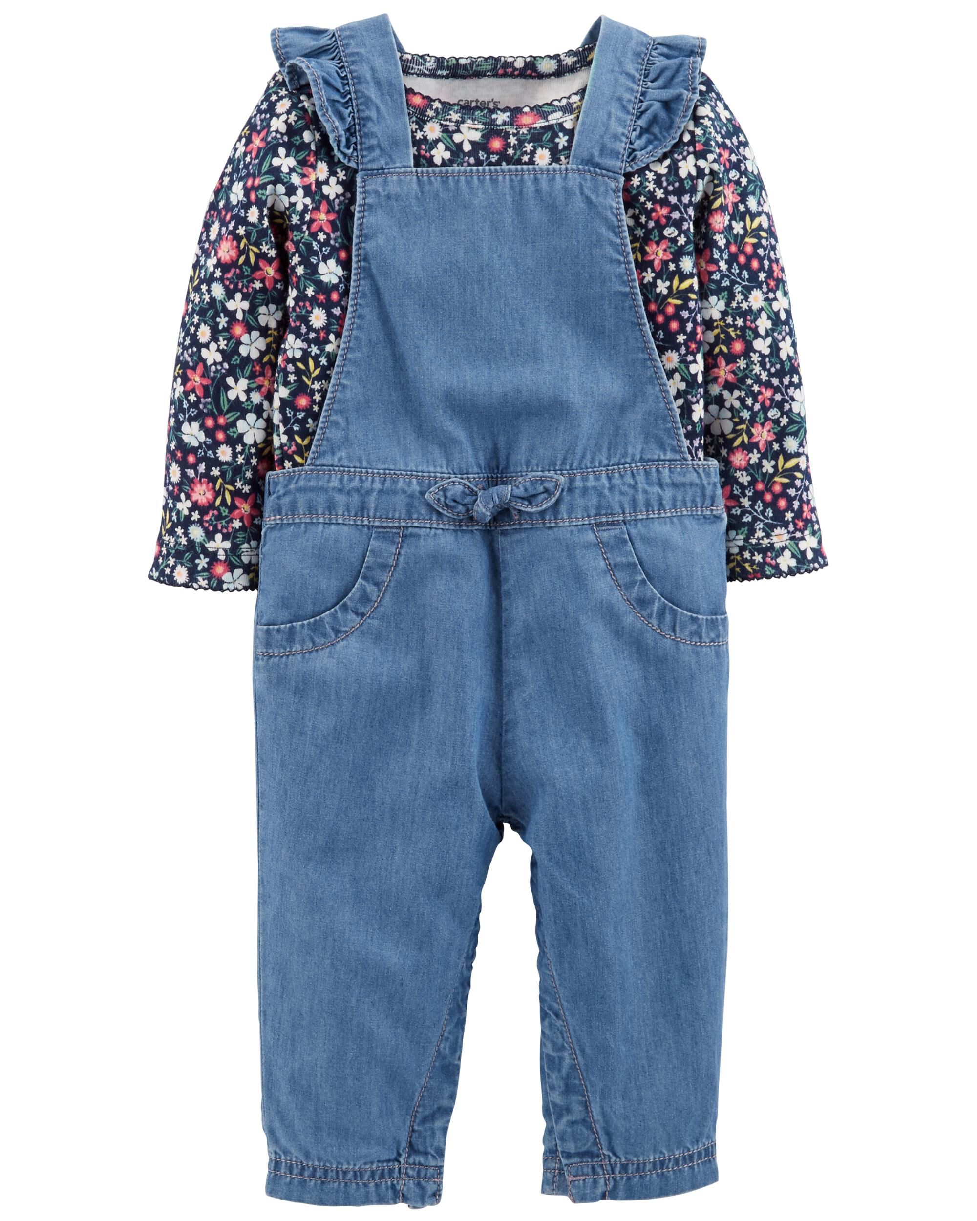 baby girl carter's floral tee & chambray shortalls set