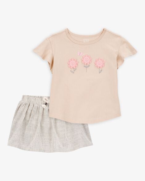 Product image 1 of Toddler 2-Piece Floral Short-Sleeve Top & Striped Skort Set - Tan/Black