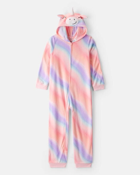 girls unicorn fleece hooded zip-up 1-piece pajama jumpsuit - pink