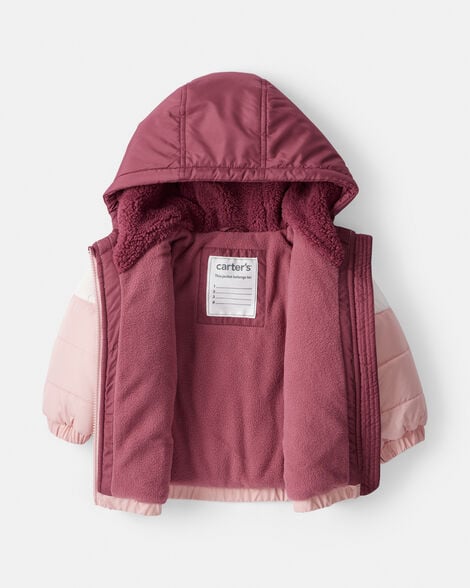 Baby Girl 2-Piece Color Block Hooded Snowsuit Jacket & Bib Set - Pink/Red