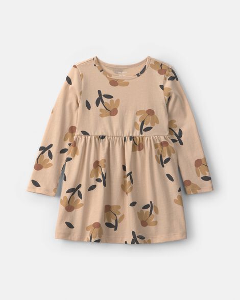 toddler girl floral long-sleeve dress - tan