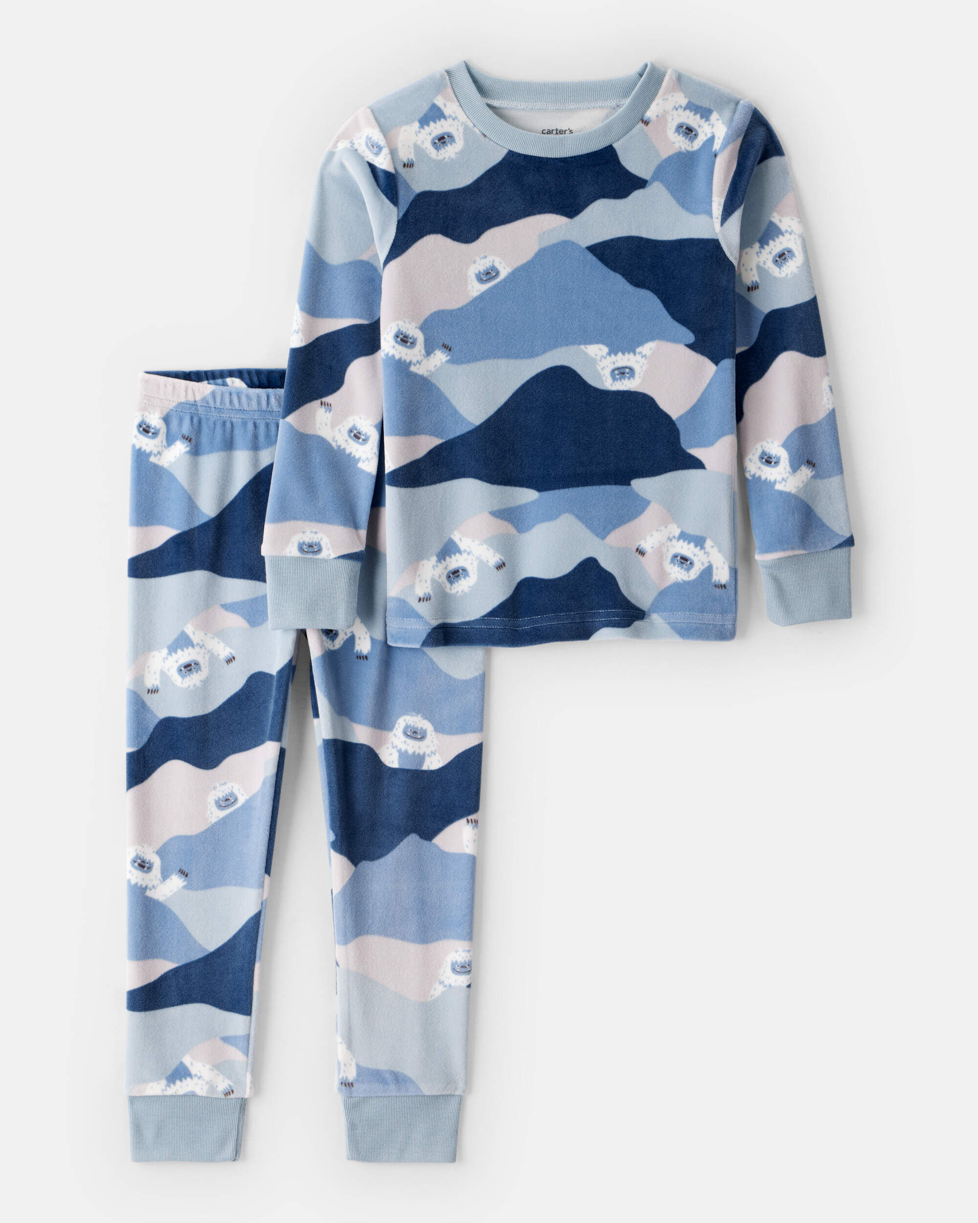 Toddler Boy Yeti Print Velour Long-Sleeve Snug Fit 2-Piece Pajamas - Blue
