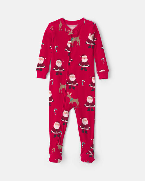 toddler 1-piece beige santa christmas 100% cotton snug fit footed pajama - red