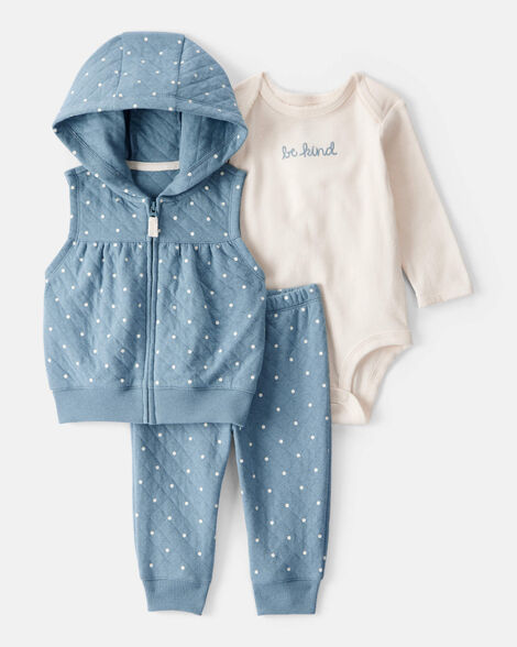 baby girl 3-piece polka dot quilted little vest set - blue/ivory