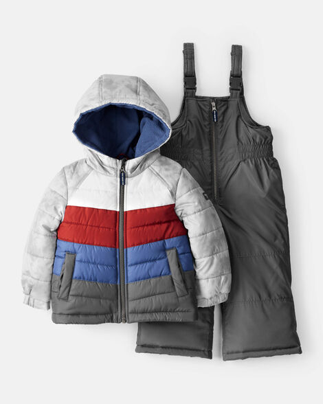 Toddler Boy 2-Piece Color Block Hooded Snowsuit Jacket & Bib Set