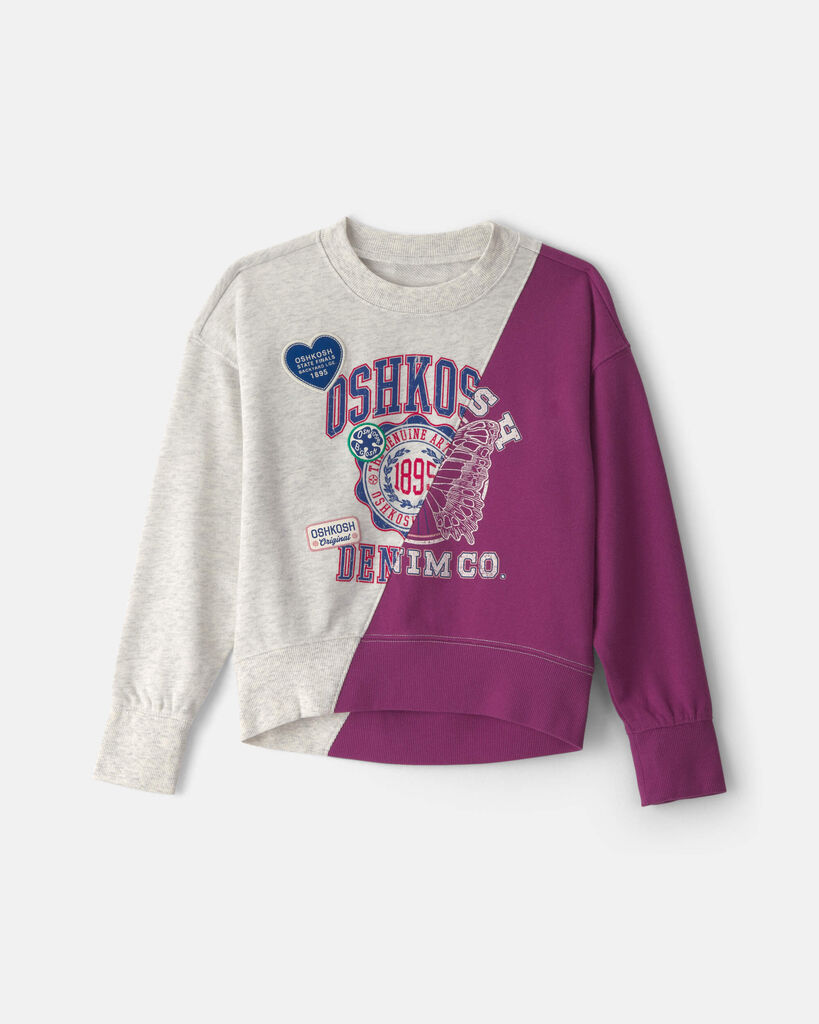 OshKosh B'gosh Girls 'Oshkosh Denim Co' French Terry Pullover Sweatshirt 10 Grey/Purple