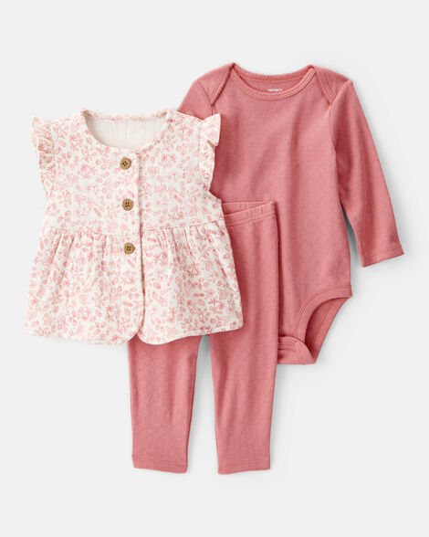 baby 3-piece floral little vest set - pink