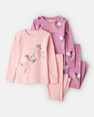 Baby Girl Bunny Winter Print 100% Cotton Long-Sleeve Snug Fit 4-Piece Pajamas - Blue/White