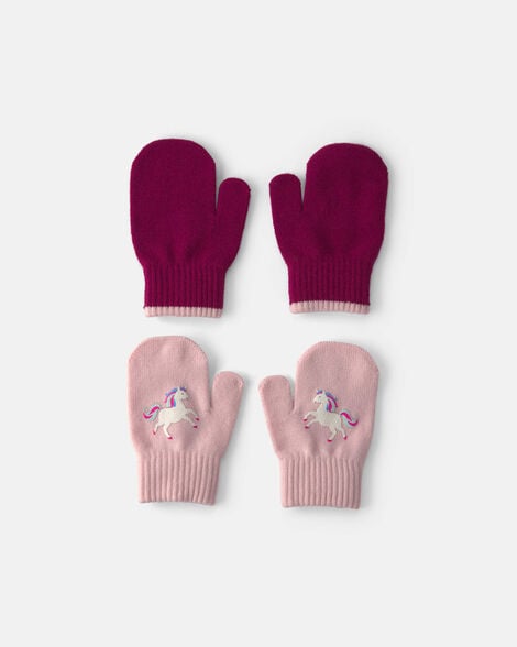 toddler girl 2-pack unicorn mittens - pink/burgundy