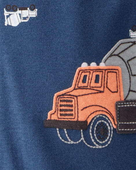 Toddler Boy Construction Print 100% Cotton Long-Sleeve 2-Way Zip 1-Piece Pajamas - Blue