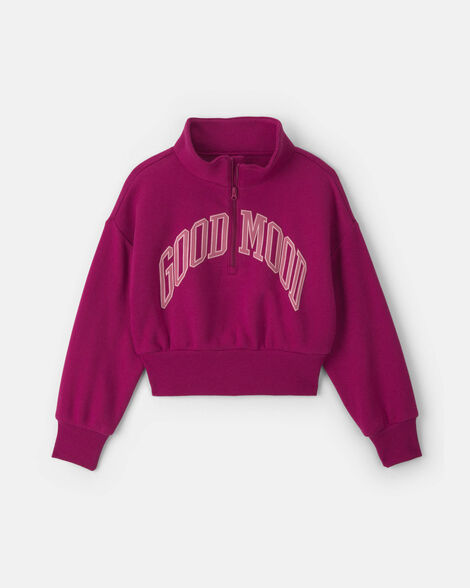 girls 'good mood' fleece pullover sweatshirt - burgundy