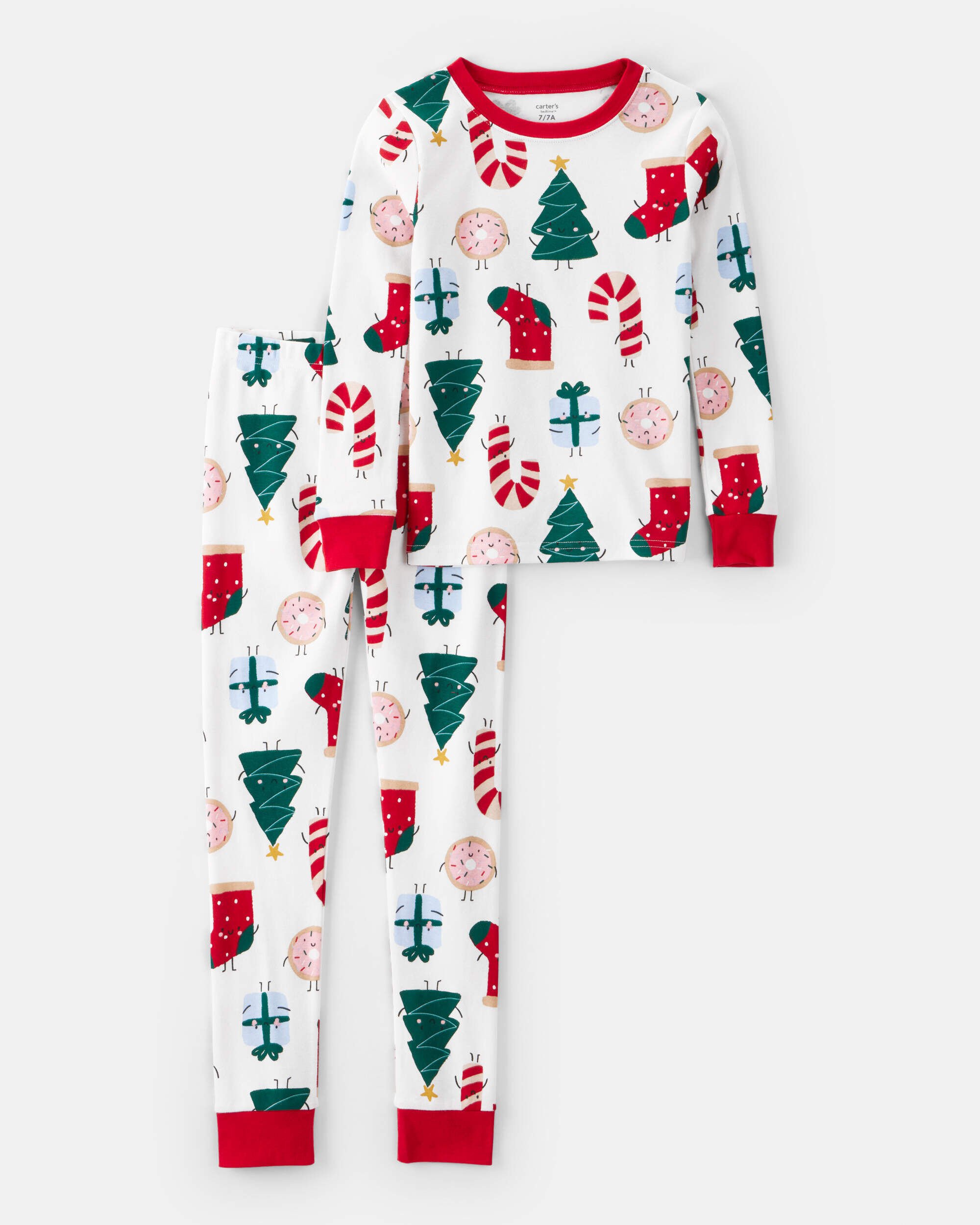 Kid Festive Friends Santa Christmas 100% Cotton Long-Sleeve Snug Fit 2-Piece Pajamas - White
