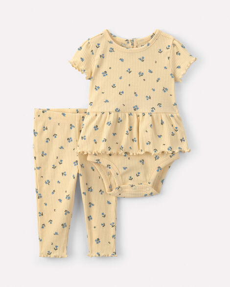 baby girl 2-piece floral short-sleeve bodysuit & pant set - yellow