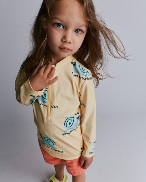 Toddler Half-Zip Long-Sleeve Rashguard in Snail Print- Yellow