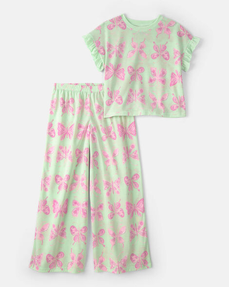 girls butterfly loose fit 2-piece pajama set - green
