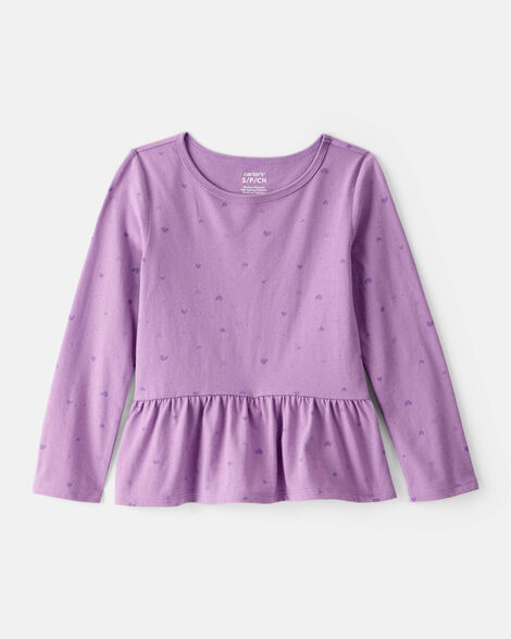 girls heart print long-sleeve peplum top - purple