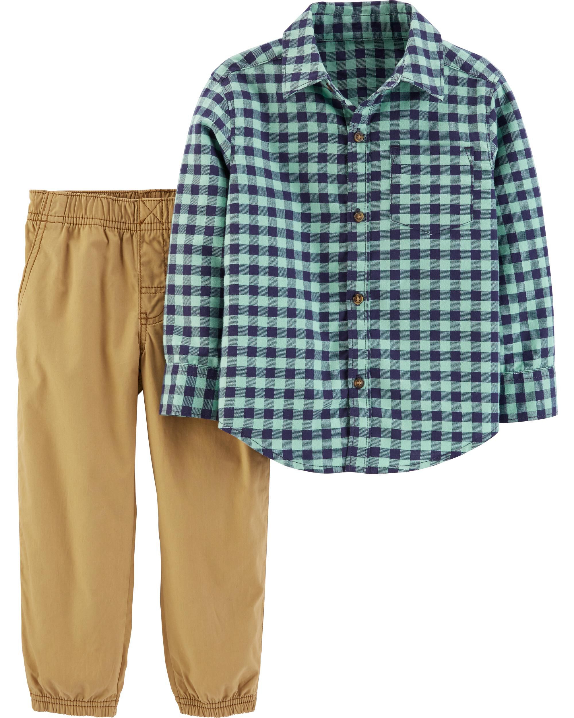 NWT Outfit Carters Blue Plaid L Sleeve Shirt Tan Corduroy Pants Boy 3 months