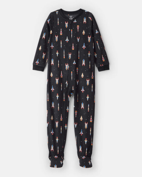 boys rocket ship print fleece long-sleeve loose fit 1-piece pajamas - black