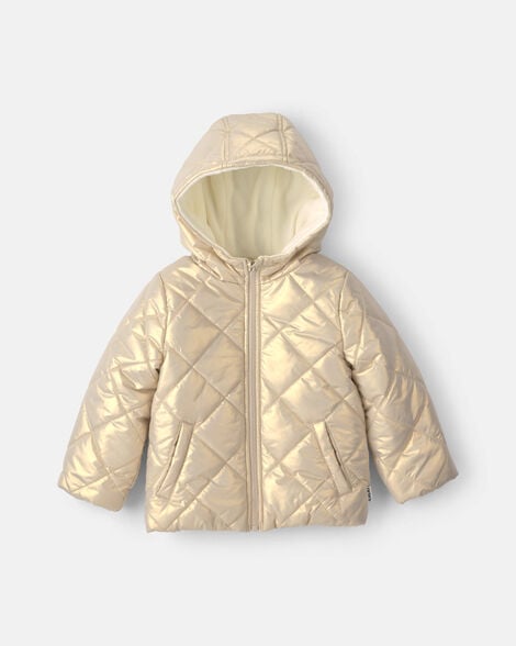 toddler girl iridescent hooded heavyweight quilted winter jacket - gold