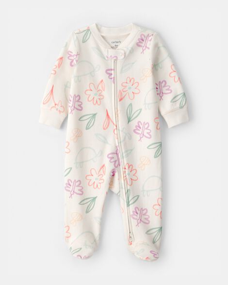 baby girl spring floral 2-way zip 100% cotton sleep & play pajama - ivory