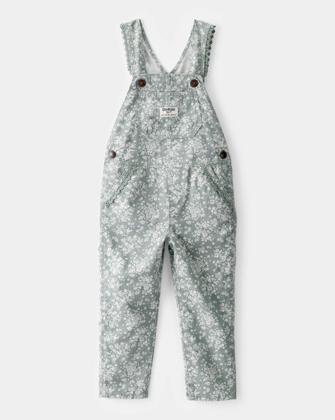 Toddler Lightweight Floral Print Canvas Overalls - Green