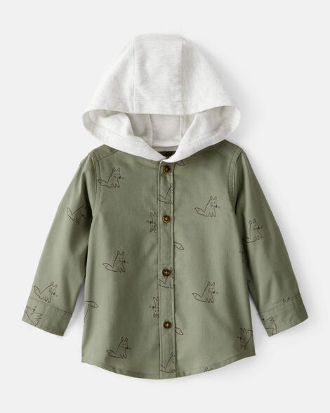 Product image 1 of Baby Boy Racoon Print Cotton Long-Sleeve Hooded Button-Down Shirt - Green