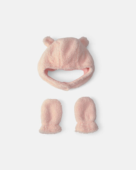 baby girl bear teddy fleece hat & mitten set - pink