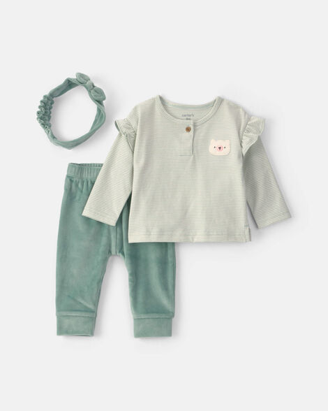 baby girl 3-piece bear long-sleeve top & pant set - green