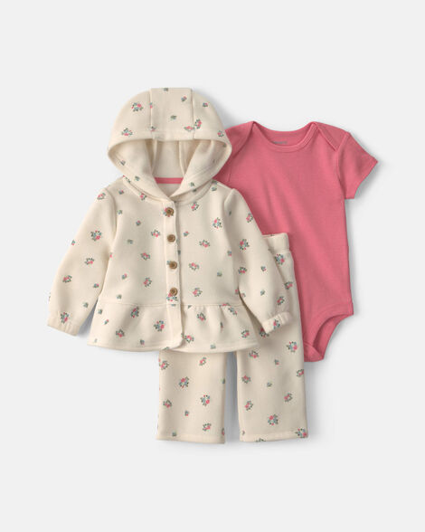 baby girl 3-piece floral fleece layering set - cream/coral
