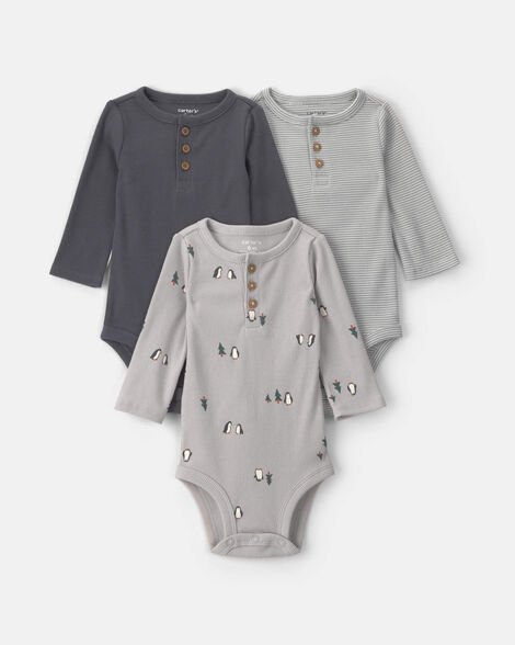 baby boy 3-pack penguin long-sleeve multipack bodysuits - grey