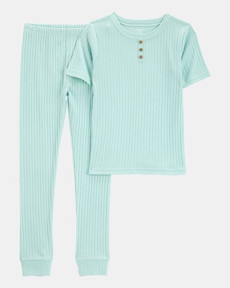 kid solid ribbed cotton blend 2-piece pajamas - teal