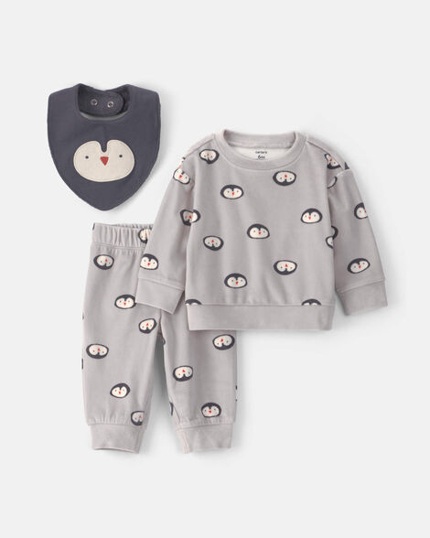 baby boy 3-piece penguin long-sleeve top & pant set - grey