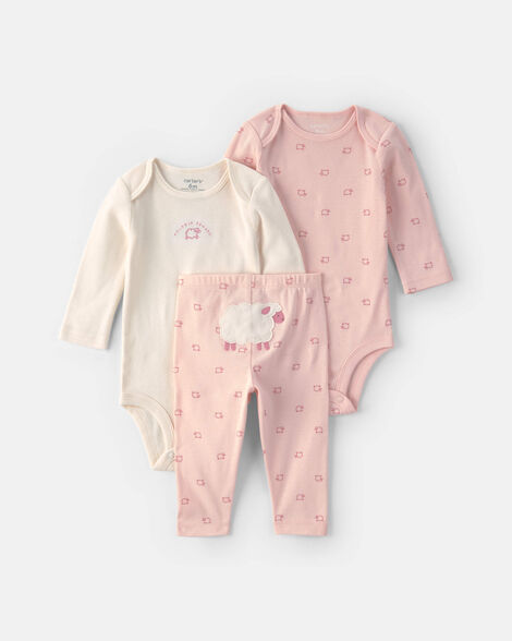 baby girl 3-piece sheep long-sleeve bodysuit & pant set - pink/cream