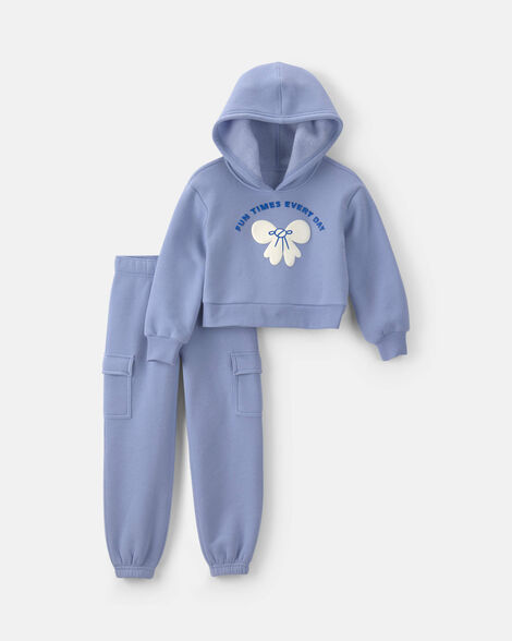 girls 2-piece bow fleece hoodie & pant set - blue